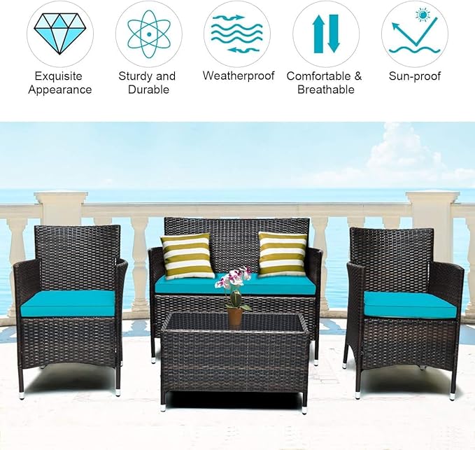 COSTWAY Outdoor Rattan Patio Furniture Set 4 Pieces, Wicker Rattan Cushioned Conversation Conversation Chairs with Coffee Table for Backyard Balcony Porch Poolside, Turquoise
