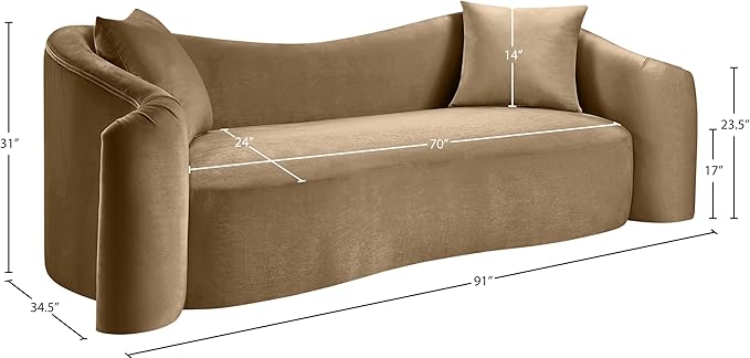 Meridian Furniture 44052Beige-S Destin Collection Modern | Contemporary Sofa with Ultra Luxe Beige 460 GSM Velvet, Rich Curves, 91" W x 34.5" D x 31" H, Beige