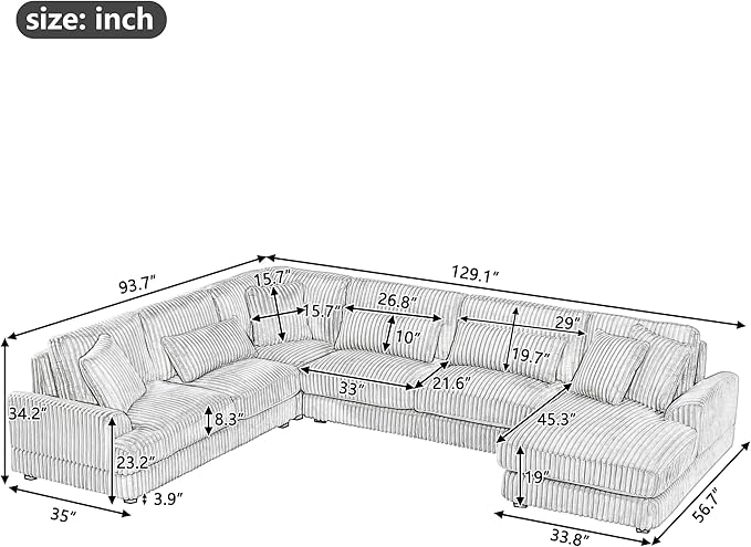 129" Oversized Sectional Sofa U Shaped Sofa Modern Couch Upholstered Couches with Chaise Lounge for Living Room, Dark Gray