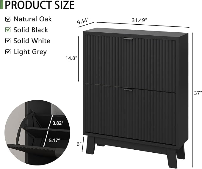 Xixini Shoe Cabinet with 2 Flip Drawers, 37" Tall Narrow Fluted Shoe Storage Organizer for Entryway, Hidden Slim Wooden Shoe Rack Cabinet for Front Door Entrance, Hallway, Living Room, Solid Black - Image 2