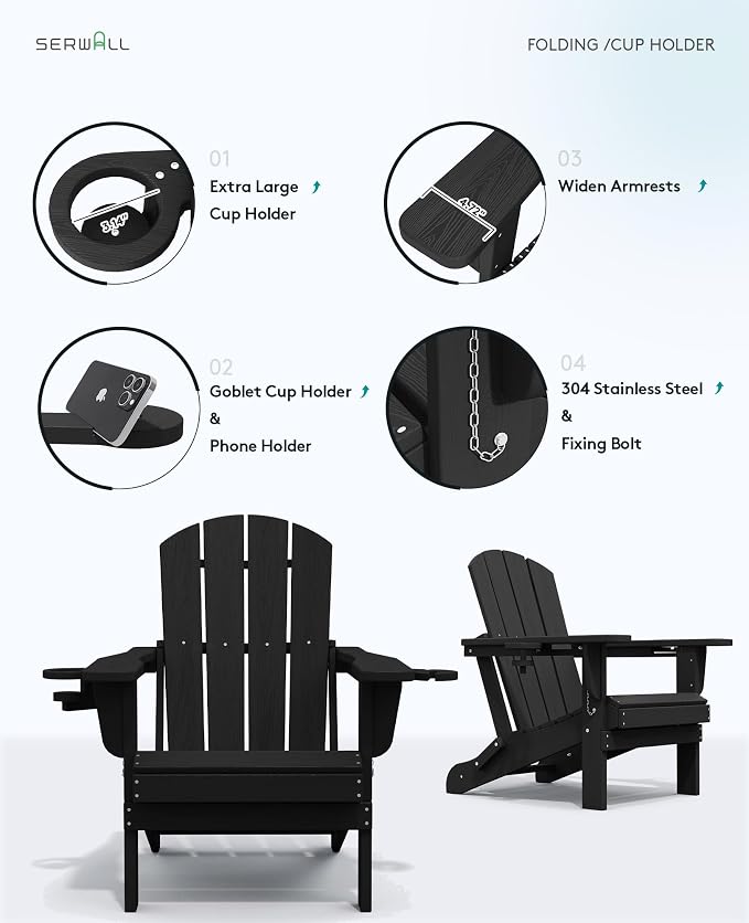 SERWALL HDPE Folding Adirondack Chair with Dual Cup Holder - Composite Adirondack Chair - Black - Image 8