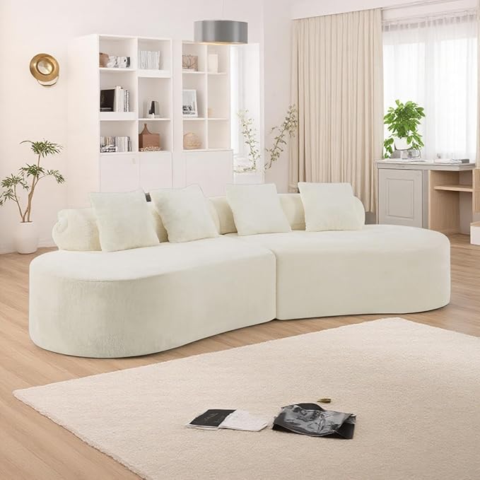 Curved Multi-Seater Sofa, Modern Modular Sofa with Cylindrical Backrest & 4 Coordinating Pillows, 111'' Flannelette Leisure Combination Couch with Ergonomic Design for Living Room, White