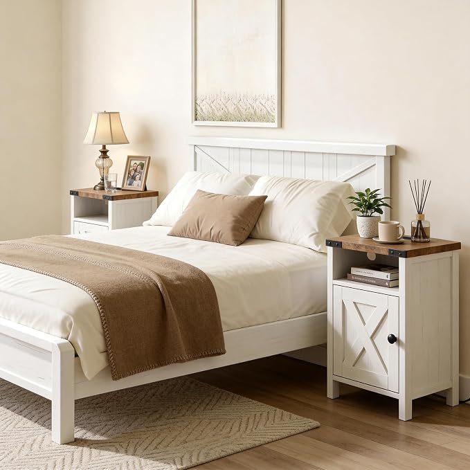 Vabches Farmhouse Nightstands Set of 2 with Barn Door, End Table with Charging Station, Rustic Bedside Table with Storage and Open Compartment for Bedroom, White - Image 5