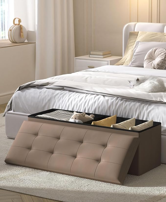 OS MOTOR Folding Storage Ottoman Bench, Multi-Functional Ottoman Foot Rest, End of Bed Bench, Storage Chest for Living Room, Bedroom, Hallway, Entryway, Holds Up to 600 lbs (Brown, 43 Inches) - Image 2