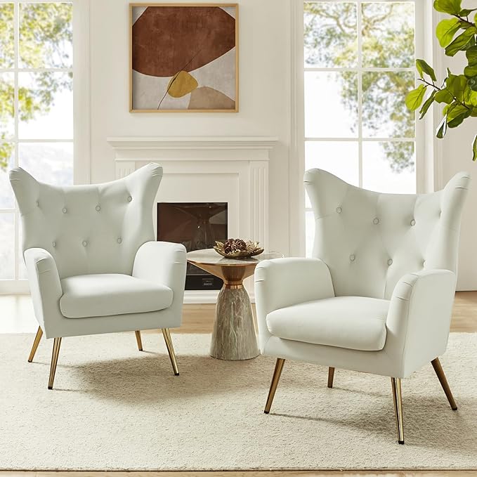 HULALA HOME Velvet Accent Chair Set of 2, Modern Wingback Arm Chair with Metal Gold Legs, Velvet Tufted Upholstered Single Sofa(Ivory)