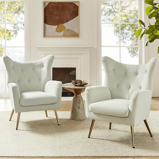 HULALA HOME Velvet Accent Chair Set of 2, Modern Wingback Arm Chair with Metal Gold Legs, Velvet Tufted Upholstered Single Sofa(Ivory)