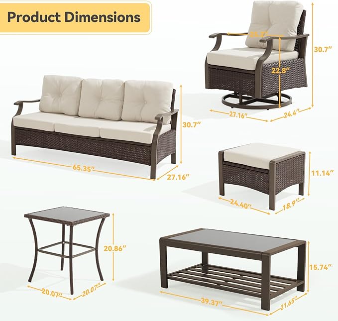 Outdoor Patio Furniture Set, 7 Pieces Outdoor Conversation Sets with Coffee Table, Side Table & Ottoman, Wicker Rattan Outdoor Sectional Sofa Set for Backyard, Deck, Porch, Poolside, Beig