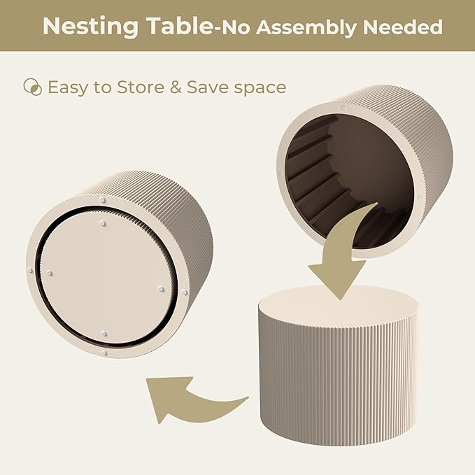 Round Coffee Table Set of 2, Modern Wooden Beige Nesting Tables for Living Room, No Assembly Required Circle Side Tables Set Accent End Table for Bedroom, Balcony