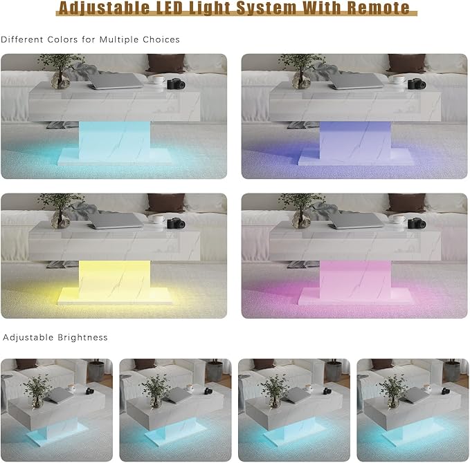 White Marble Led Coffee Table with 2 Storage Drawers for Living Room, Living Room Table Rectangular Center Table, Modern High Glossy Wooden Coffee Tables with Lights for Dining Reception Room