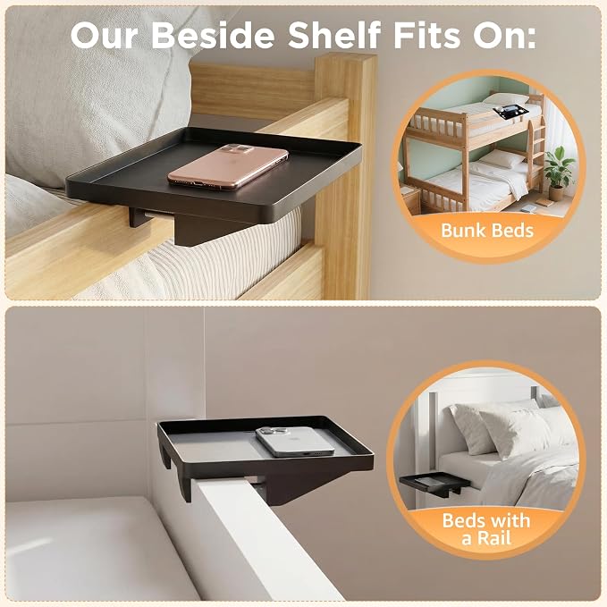 Bedside Shelf for Bunk Bed Top Bunk – Clip on Tray for College Dorm Essentials, Top Bunk Shelf with Cable Catch & Bedside Organizer, Dorm Storage, Floating Nightstand & Bed Tray, Black - Image 5