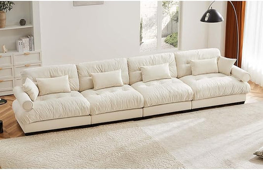 KEIKI 166" Oversized Velvet Modular Sectional Sofa with High-Density Foam Cushion and Bolstered Armrests, Upholstered Modern Style 4-Seater Cloud Couch with 6 Pillow, for Apartment, Living Room, Cream