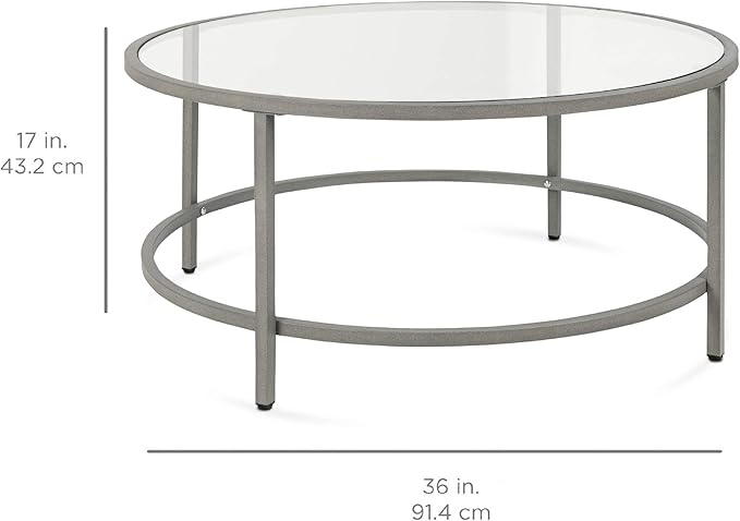 Best Choice Products 36in Modern Round Tempered Glass Accent Side Coffee Table for Living Room, Dining Room, Tea, Home Décor w/Metal Frame, Non-Marring Foot Caps - Gray
