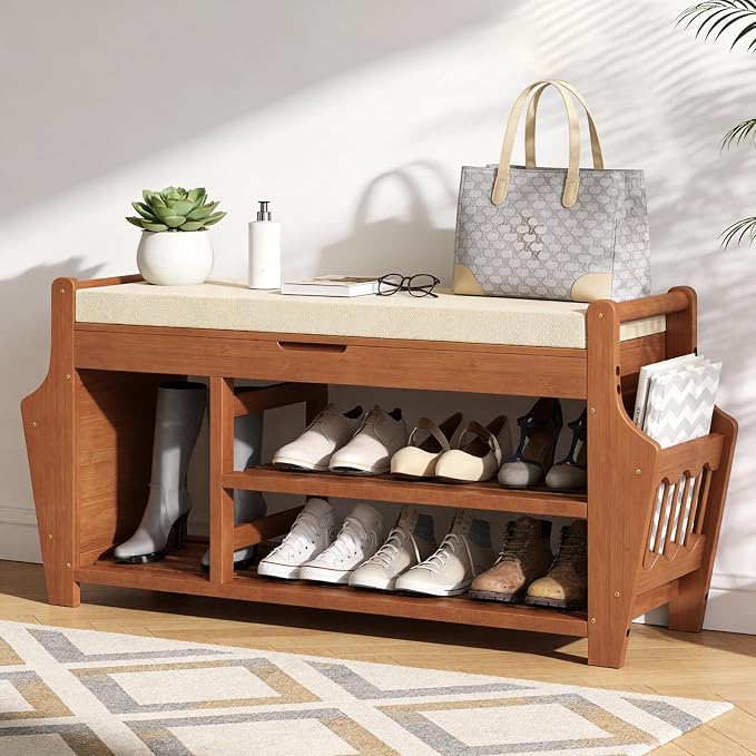 oakvivo 47.2in Shoe Bench Entryway - Bamboo Shoe Rack Bench with Storage, Shoe Rack Organizer with Cushion, 2 Side Holder, Holds Up tp 330lbs for Front Door Entrance, Living Room by OAKVIVOElegantLifestyle