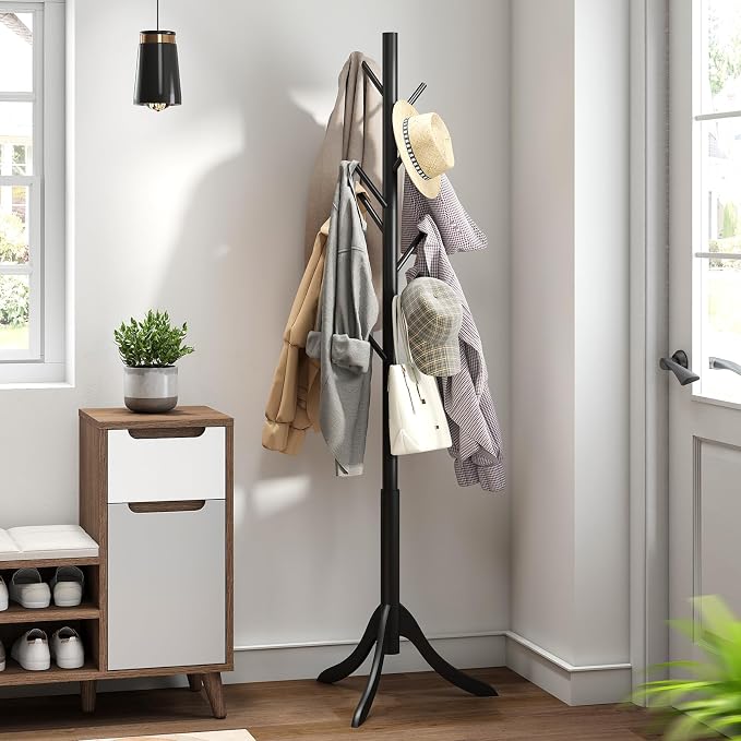 kiplant Black Coat Rack Stand, Bamboo Wood Freestanding Coat Tree with 8 Hooks, Hallway Entryway Hat Hanger Organizer Standing for Bedroom, Office, Clothes, Jackets, Bags, Umbrallas - Image 8