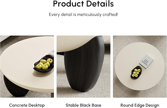 homary Round Concrete Coffee Table with Premium Walnut Ash Wood Legs, Modern Minimalist Cement Finish Center Table for Living Room (Black, 29.9" W x 29.9" D x 14.4" H)