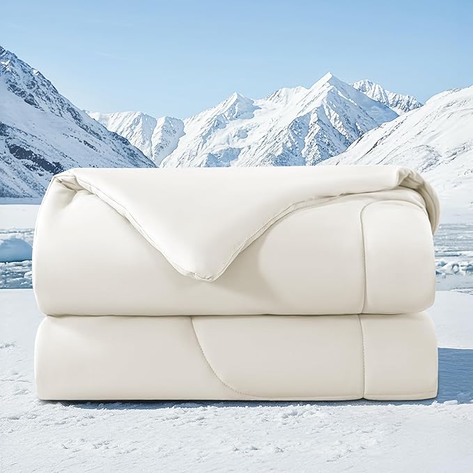 HYLEORY Cooling Comforter King Size - Summer Cooling Blanket for Hot Sleepers/Night Sweats, Double-Sided Cold Touch Silky Ice Comforters, Breathable Lightweight Beddings, Cool Cream, 108"x90"