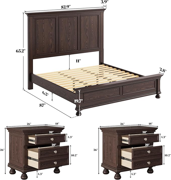AMERLIFE Solid Wood 3 Piece Bedroom Set Including 65.2" High King Bed Frame, Fully Assembled Nightstands Set of 2 with 2 Storage Drawers for Bedroom, Dark Brown