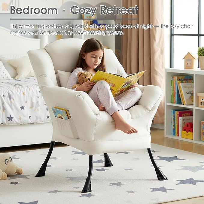 Lazy Chair for Living Room, Large Beige Accent Chair with a Throw Pillow, Leisure Sofa Chair Set, Comfy Reading Chair for Bedroom, Dorm Room, Office
