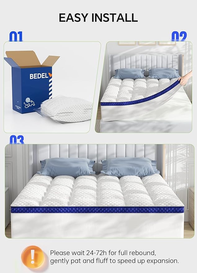 BEDELITE Full Mattress Topper 3 Inch Thick Mattress Pad, Plush Pillow Top Bed Cover with Elastic Deep Pockets Up to 6-24 Inch for Pressure Relief, Shredded Memory Foam Filling