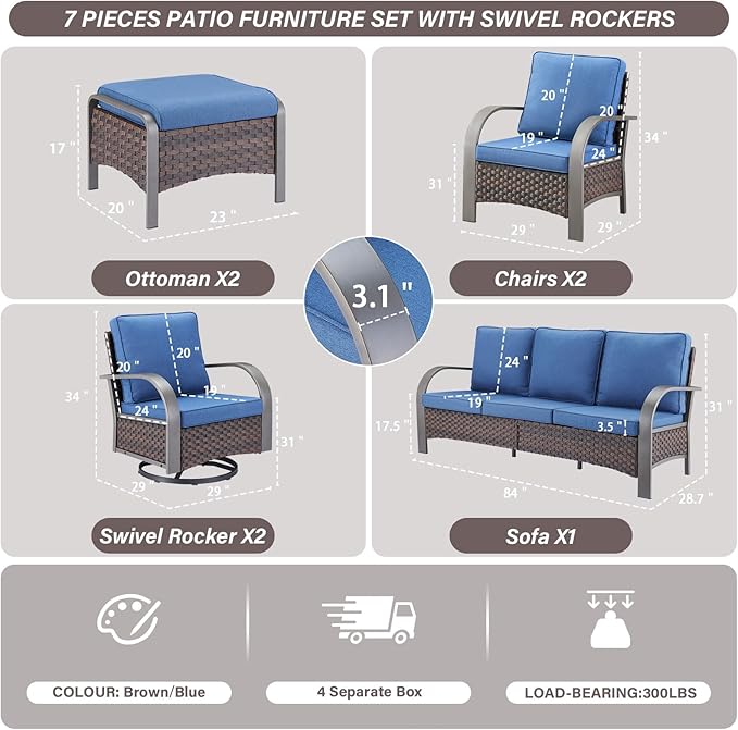 Belord Patio Conversation Sets - 7 Piece Outdoor Patio Furniture Sets with Swivel Rocker Outdoor Chairs, Wicker Couch, Rattan Ottoman for Lawn Backyard Porch Garden, Brown