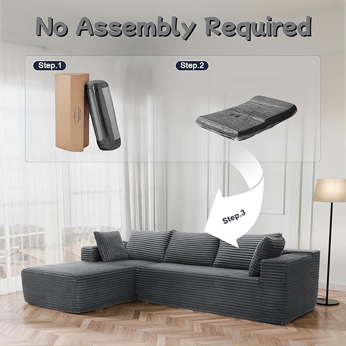 Cloud Sectional Couch, 105” Fluffy Modular L-Shape Sofa with Right Chaise Lounge, Modular Sectional Sofa in a Box, Boneless Couch for Living Room, No Assembly Required, Flannel Gray