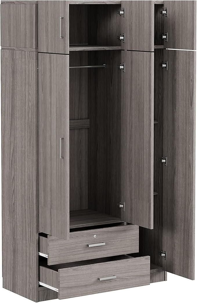 Merax 3 Doors Wardrobe with Mirror Door and Top Cabinet, Wooden Closet Wardrobe Organizers with Hanging Rail, 2 Drawers and 4-Tier Storage Shelves for Bedroom, Laundry Room, Gray