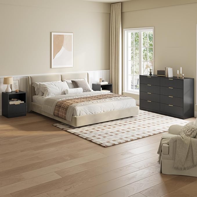8 Drawer Dresser & Nightstand Set 3-Piece, 55” Wide Bedroom Dresser Set Night Stand Set of 2 with Metal Handle, Fluted Modern Wood Chest of Drawers Storage Dressers Set for Bedroom, Black