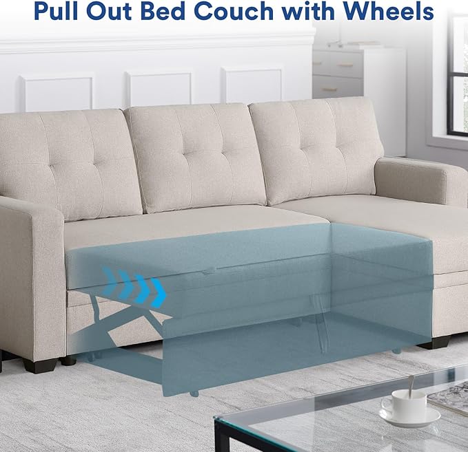 Rovibek 4-in-1 Convertible Sleeper Sofa Bed with Pull Out Bed - L Shaped Couch with Reversible Chaise & Storage, Space-Saving Hidabed for Living Room, Bedroom, Dorm, Office