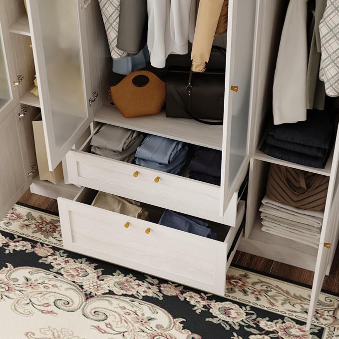 4 Door Wardrobe Armoire Closet with Hanging Rods & 2 Drawers, Bedroom Armoire with Frosted Glass Doors, Clothes Wardrobe with Gold Knob, Wood Grain, 19.7”D x 63”W x 70.9”H