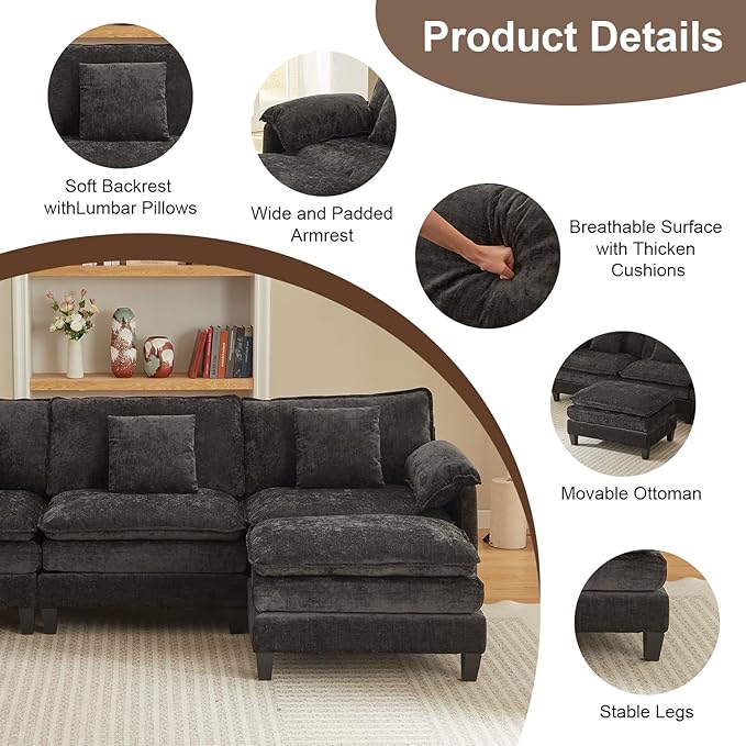 Modular Sectional Sofa, 108” Comfy Cloud Couch with Movable Ottoman | Charging Station | Side Pocket | Throw Pillow, Modern L-Shaped Couches for Living Room, Chenille, Classic Black