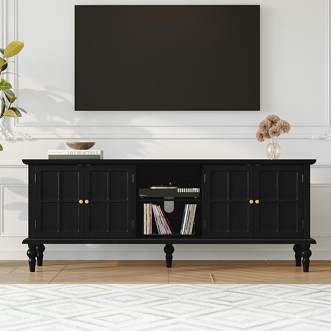 3More 67" Mid Century Modern TV Stand with Window Design,Wood Entertainment Center with Open Shelf,Up to 70" Media TV for Living Room or Bedroom,Black by 3More