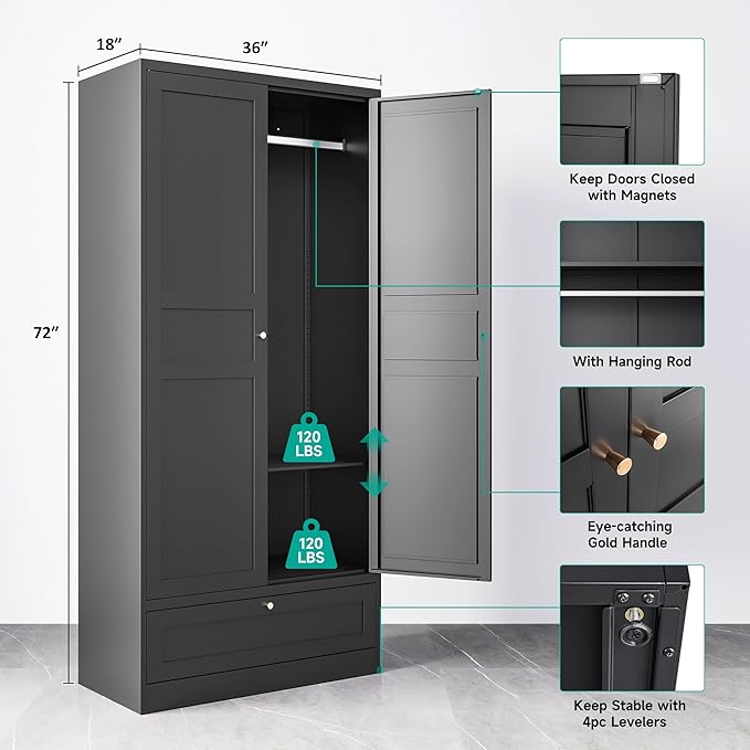 SISESOL Metal Wardrobe Cabinet with Drawer,Armoire Wardrobe Closet with Doors,Black Metal Clothing Storage Cabinet with Adjustable Shelves and Hanging Rod for Home,Bedroom Armoires