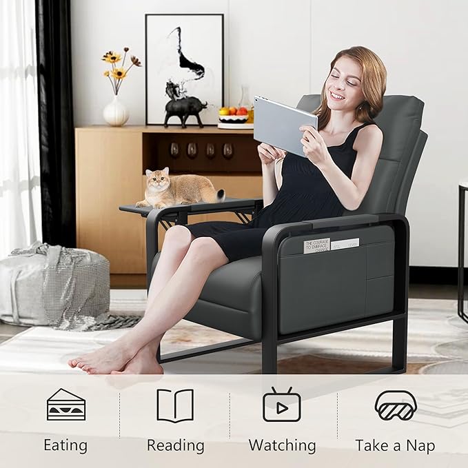 Upholstered Living Room Chair Armchair Set of 2, Mid Century Faux Leather Metal Accent Chair, Reception Couch Slipper Club Lounge Chair Guest Comfy Single Sofa with Sidetable-Dark Grey