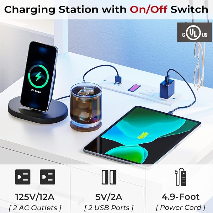 Nightstand with Charging Station and LED Lights, LED Night Stand with 2 USB Ports and 2 AC Outlets, Modern End Table with 3 Drawers, Bedside Table with Open Storage for Bedroom, White - Image 6