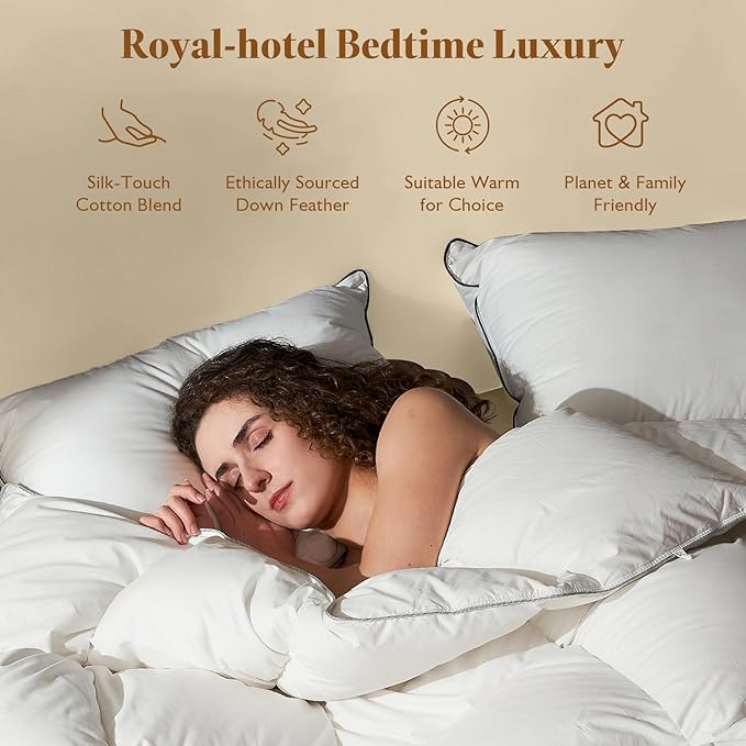 BPC Luxury Feather Down Comforter Oversized King - Royal-Hotel Duvet Insert All Seasons, Cloud-Like Fluffy with Ultra-Soft Cotton Blend Cover, White, 120"x98"