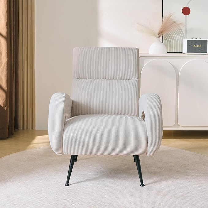 Corduroy Living Room Accent Chairs, Comfy High Back Reading Chair with Curved Arms and Solid Legs, Upholstered Armchair for Bedroom, Reading Nook, Apartment, Beige