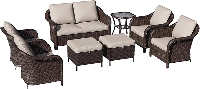 8 Piece Patio Wicker Conversation Set, All-Weather Use Outdoor Wicker Loveseat with 2 PE Rattan Ottomans,4 Chair, 1 Side Table, Ideal for Porch, Backyard, Balcony, Poolside, Beige