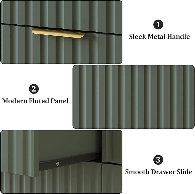 8 Drawer Dresser and Nightstand Sets for Bedroom, Modern Fluted 3 Pcs Bedroom Dresser Furniture Sets, Wood Chest of Drawers and Nightstand Set of 2 with Metal Handles, Green