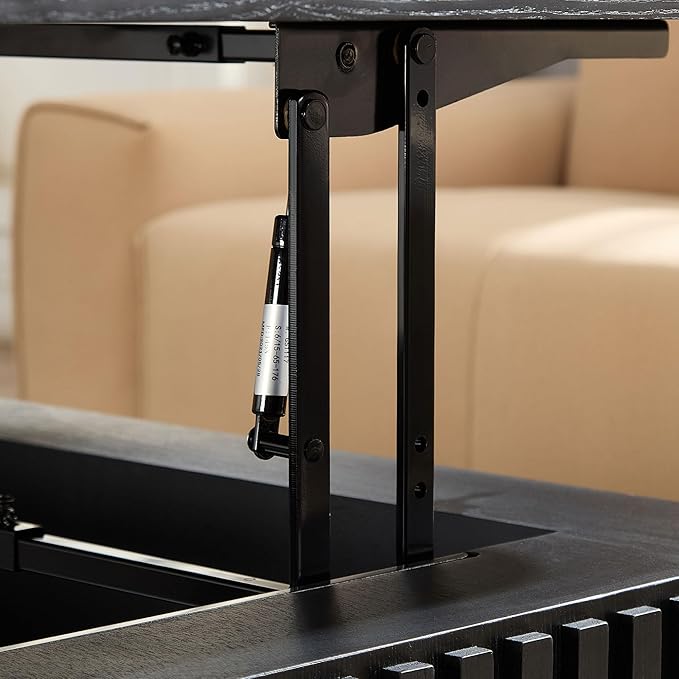 WILLIAMSPACE 35.43" Lift Top Coffee Table with Hidden Storage & Sturdy Base, Modern Luxury Square Wood Handcraft Drum Center Table Accent End Tea Table for Living Room, Minimalist Fluted Design, Black