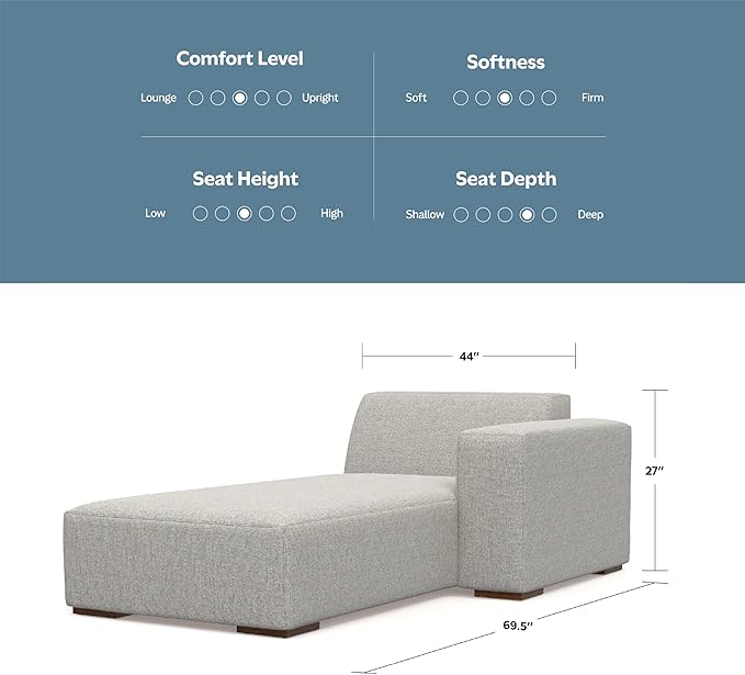SIMPLIHOME Rex Right Chaise Sofa Module in 100% Recycled Polyester Tightly Woven Performance Fabric, Pale Grey, 44-inches W x 69.5-inches D, Handcrafted Modern-Style Right-Arm Chaise Lounge Chair