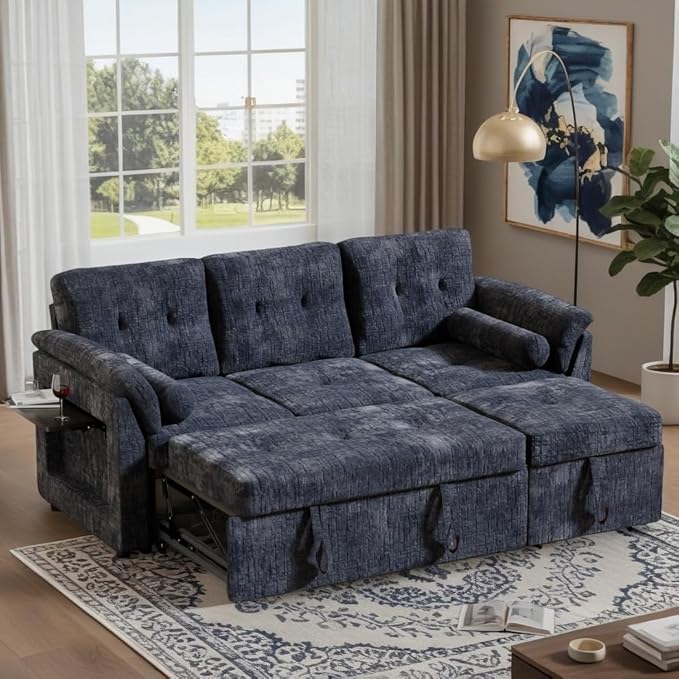 Convertible Queen Sofa Bed, 63 Inch Chenille Pull Out Couch with Side Table, 3 Seat Pull Out Sofa Bed with Level Adjustable Backrest, Comfy Sleeper Sofas for Living Room, Apartment, Blue