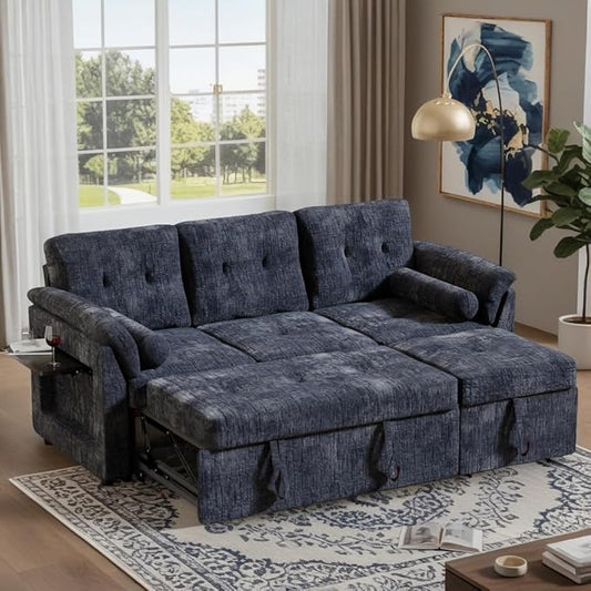 Convertible Queen Sofa Bed, 63 Inch Chenille Pull Out Couch with Side Table, 3 Seat Pull Out Sofa Bed with Level Adjustable Backrest, Comfy Sleeper Sofas for Living Room, Apartment, Blue