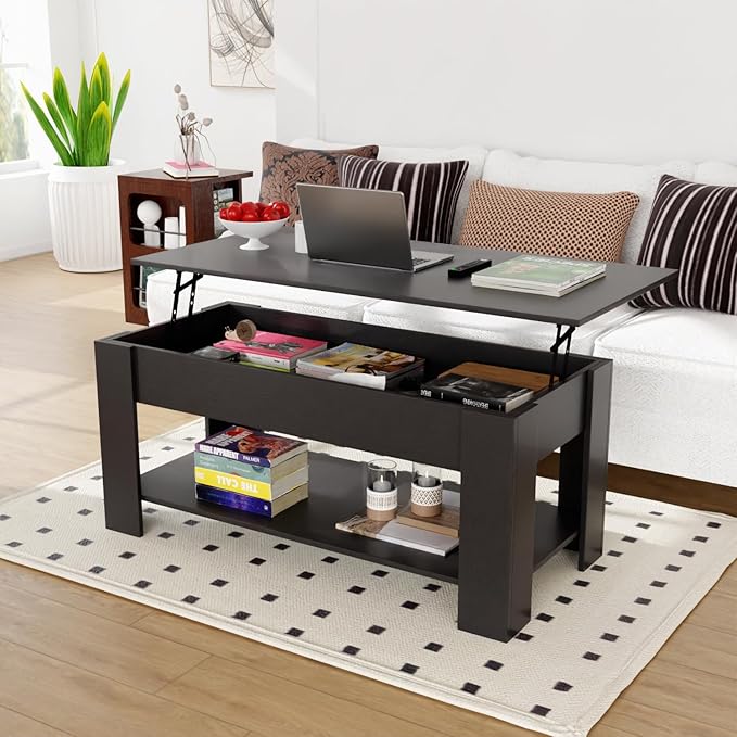 PayLessHere Coffee Table Lift Top Coffee Tables with Hidden Compartment and Storage Shelf Wooden Lift Tabletop Dining Table for Living Room Home (Black, 47" D x 31" W x 25" H)