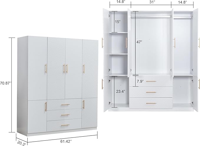 GraceGrove Armoire Wardrobe Closet with 3 Drawers and 4 Door Armoire Cabinet Closet Wood High Storage Capacity and Hanging Rail for Bedroom White
