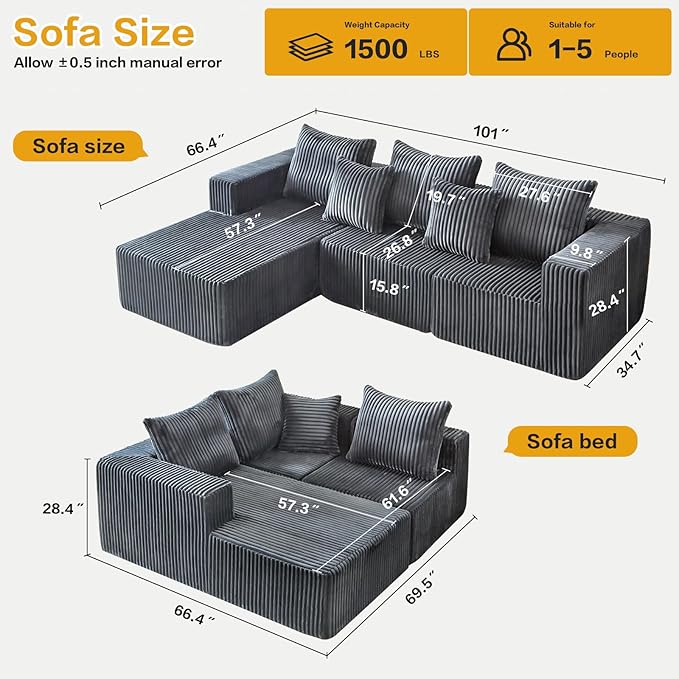 Boneless Couch, 101" Cloud Sectional Sofa with L Shaped Chaise, Deep Seat Sofa in a Box with 3 Modular Sections, Modern Corduroy Comfy Couch for Living Room, Grey