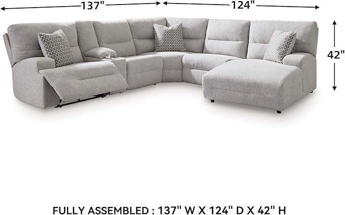 Signature Design by Ashley Acklen Place Modern U-Shaped Modular Stain-Resistant 6-Piece Power Reclining Sectional with Chaise, Adjustable Headrest, USB Charging Ports and Console, Light Gray