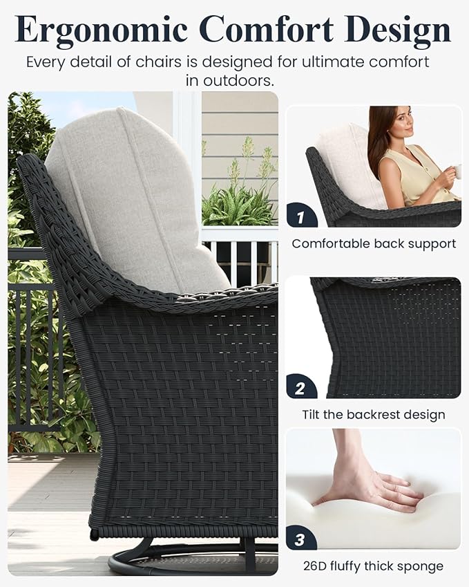 LayinSun 10 Piece Wicker Outdoor Furniture Set with 6-inch Comfy Cushions, High Back Patio Furniture Set with Swivel Rocking Chairs and Fire Pit Table