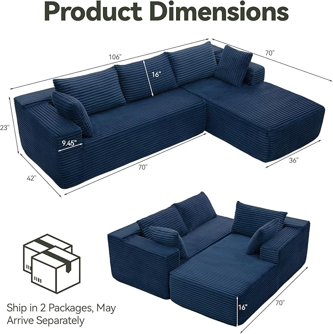 106" Modular Sectional Sofa, Blue Corduroy Cloud Couch with Left Chaise, Deep Seat Boneless Floor Sofa for Living Room, High-Resilience Foam Support, No Assembly Required, Includes Pillows | Sectional Sofa, Corduroy Cloud, Boneless, High-Resilience, No...