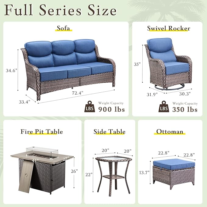 Luxury High Back Outdoor Furniture with 6-inch Extra Thick Cushions, Patio Furniture Set with Fire Pit Table & Swivel Chairs, 7 PCS Wicker Conversation Set for Yard, Deck, Poolside, Brown/Blue