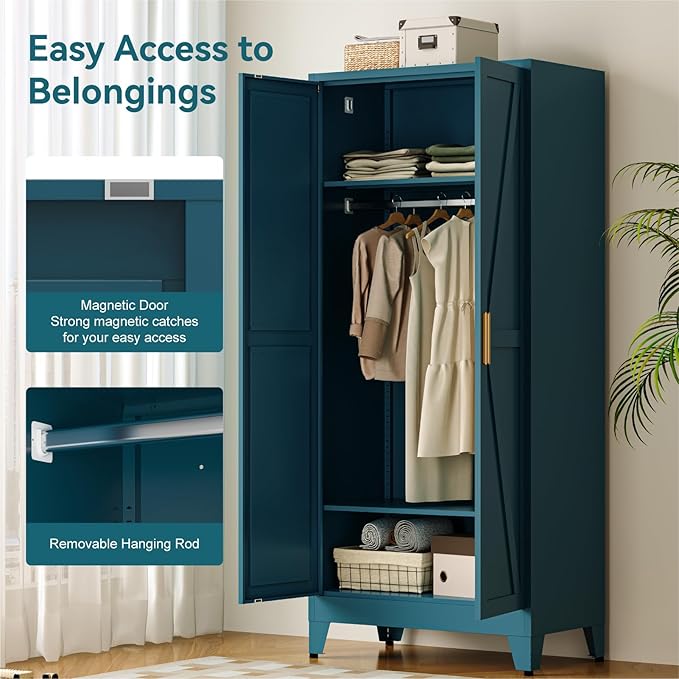 COFaR Metal Wardrobe Cabinet, 71" Farmhouse Storage Cabinet with Hanging Rod, 2 Barn Door, 2 Adjustable Shelves and Legs, for Bedroom, Laundry Room, Cloak Room, Gym, Office, School (Blue Green)